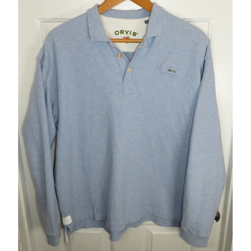 Orvis Long Sleeve Signature Knit Cotton Polo Mens XL Blue